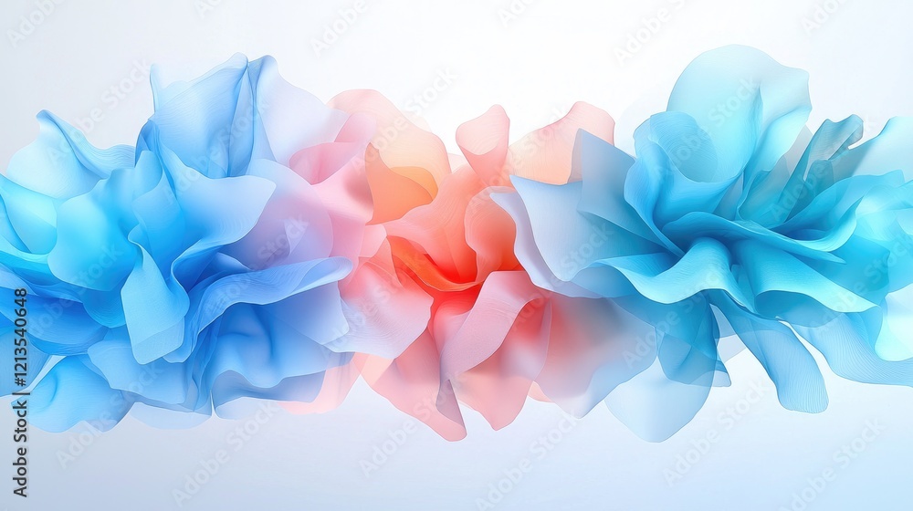 Fototapeta premium Translucent blue and pink fabric folds create a soft floral wave against a white background.