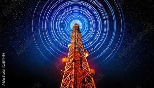 Sleek Metallic Radio Tower with Emitting Waves and Glowing Signal Effect photo