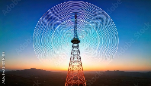 Sleek Metallic Radio Tower with Emitting Waves and Glowing Signal Effect photo