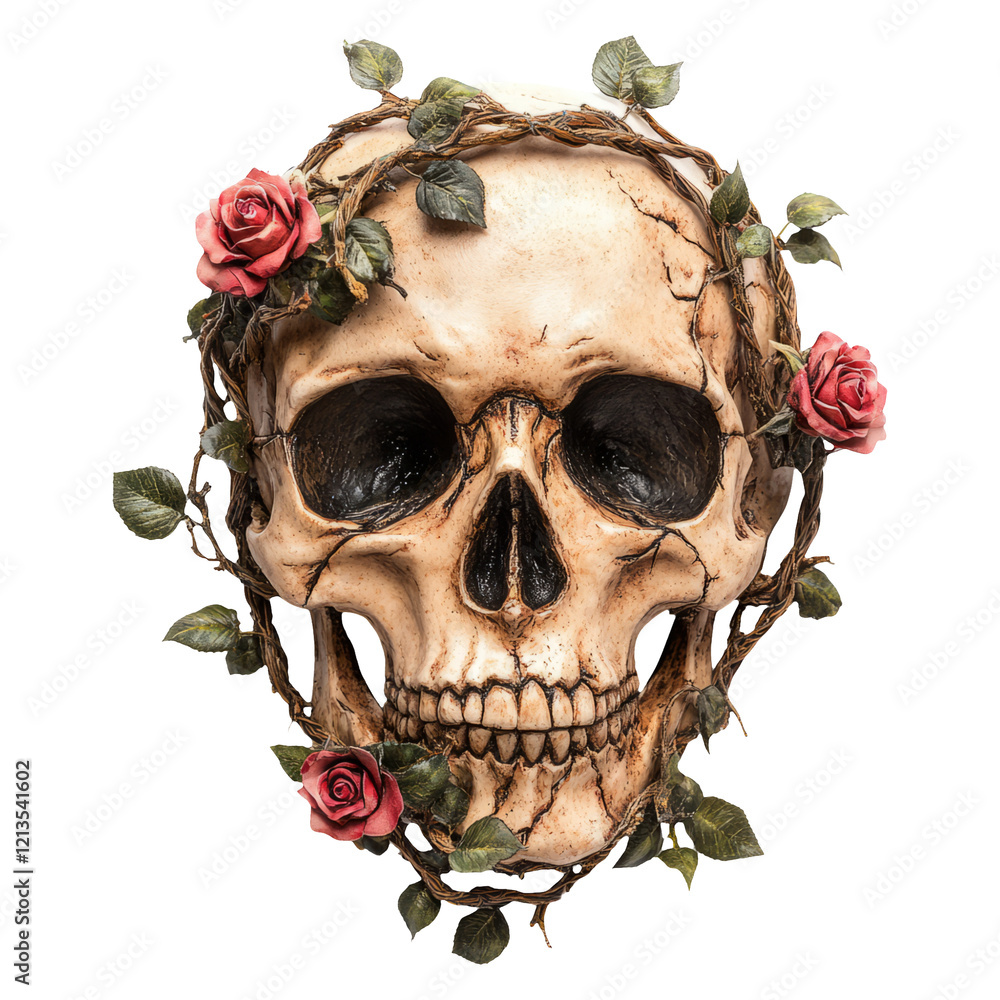 Fototapeta premium Skull Surrounded by Roses and Vines on a Transparent Background