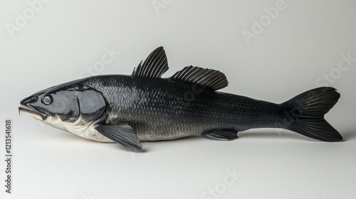 A sleek black fish displayed against a neutral background, showcasing its fins and body structure photo