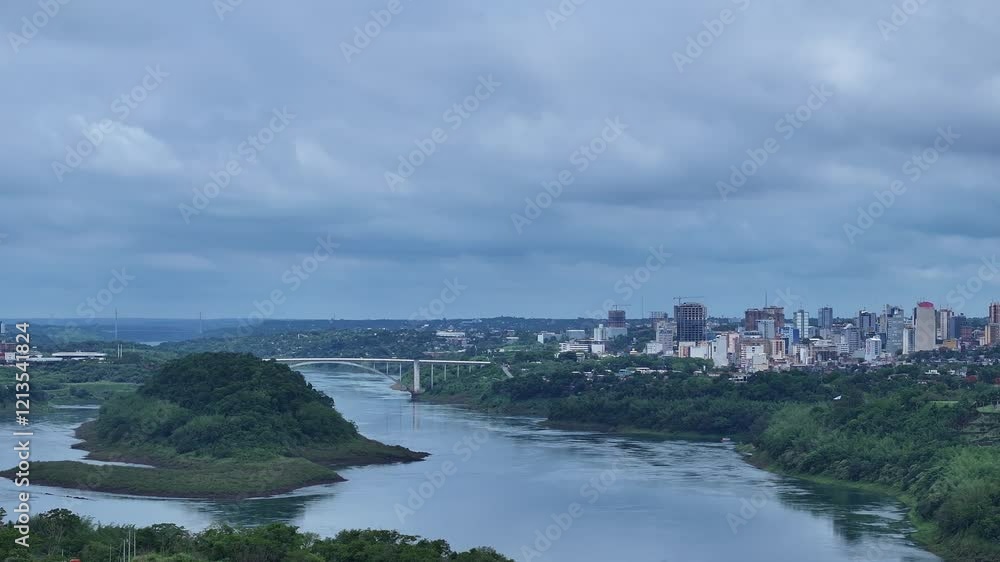 Drone view of the Parana River, the natural border between Foz do Iguaçu and Ciudad del Este in Paraguay, on the right Drone view of the Parana River, the natural border between Foz do Iguaçu and Ciudad del Este in Paraguay, on the right