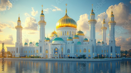 Sunset Mosque, Kazakhstan, Golden Domes, Water Reflection, Travel Poster
