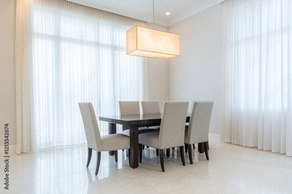 Fototapeta premium Spacious and Modern Dining Room with Neutral Tones and Elegant Lighting Design