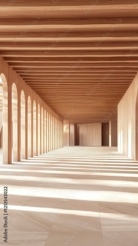 Fototapeta premium Modern Wooden Hallway with Arched Columns and Light Streaming Through.