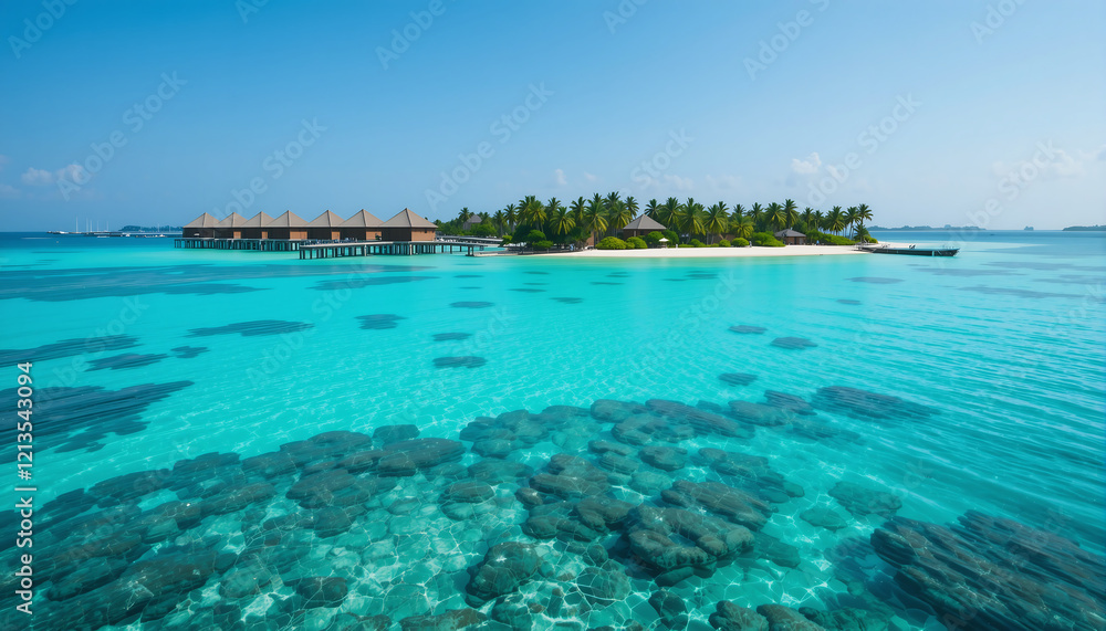 Bright turquoise waters surround a tropical paradise with overwater bungalows Bright turquoise waters surround a tropical paradise with overwater bungalows