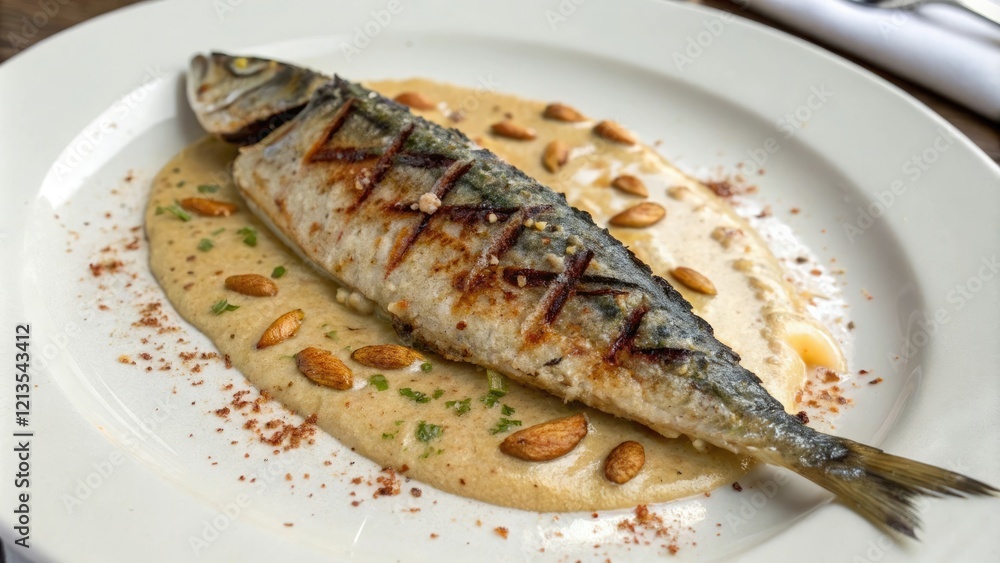Close-up of grilled mackerel with almond sauce, juicy fish, Mediterranean cuisine, restaurant quality, mackerel Close-up of grilled mackerel with almond sauce, juicy fish, Mediterranean cuisine, restaurant quality, mackerel
