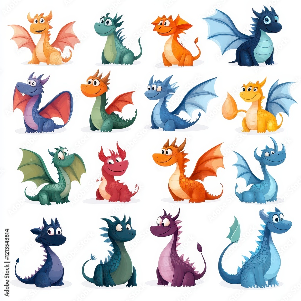 Fototapeta premium Sixteen Charming Cartoon Dragons: A Whimsical Collection of Colorful Fantasy Illustrations