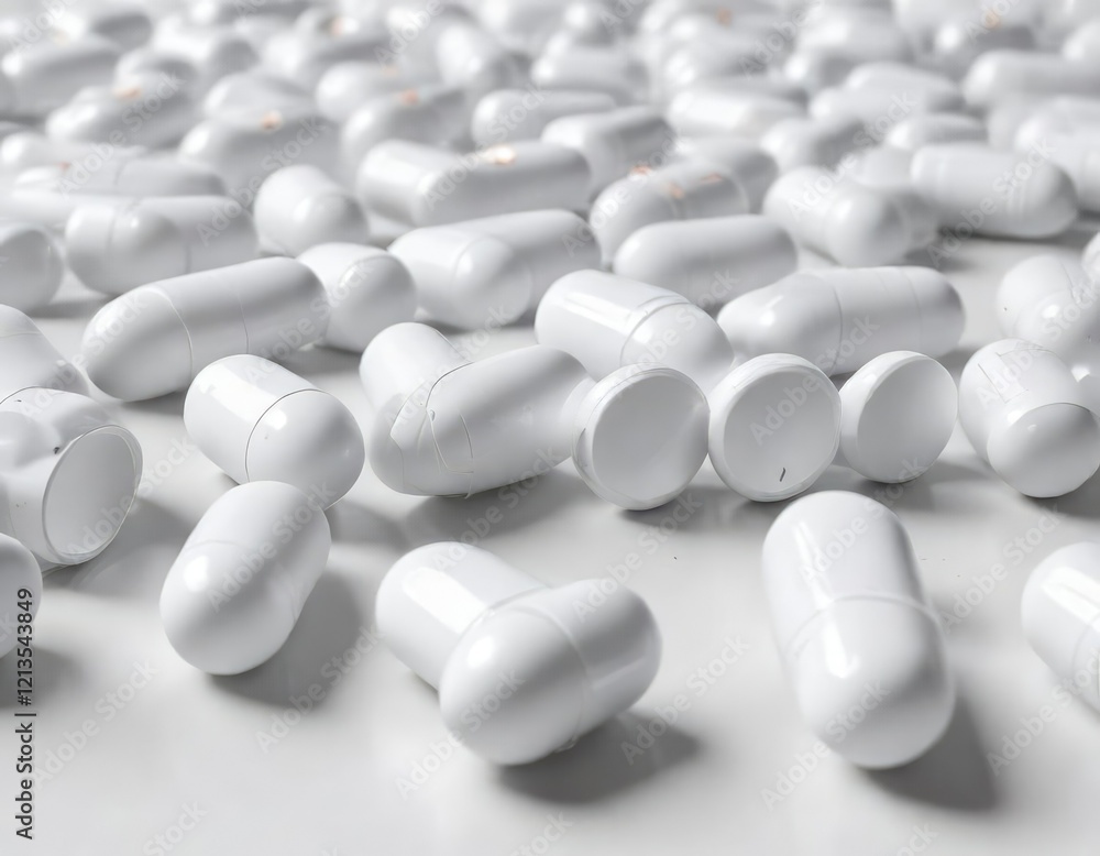Close-up of white capsules spilled out on a white background, pharmaceuticals, dose, scattered Close-up of white capsules spilled out on a white background, pharmaceuticals, dose, scattered
