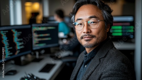 Asian man in a contemporary office setting, glasses reflecting code as he programs for cyber security, solving hacking problems and enhancing digital protection strategies. photo