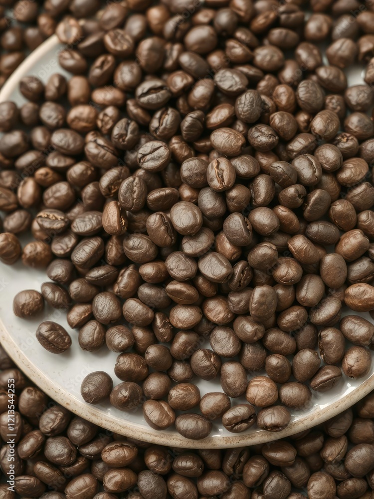 Fototapeta premium Close-up shot of a plate filled with freshly roasted coffee beans, aroma, aromatic, drink