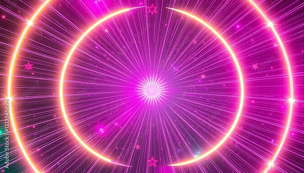Fototapeta premium Abstract Purple Light Show With Neon Circles and Stars