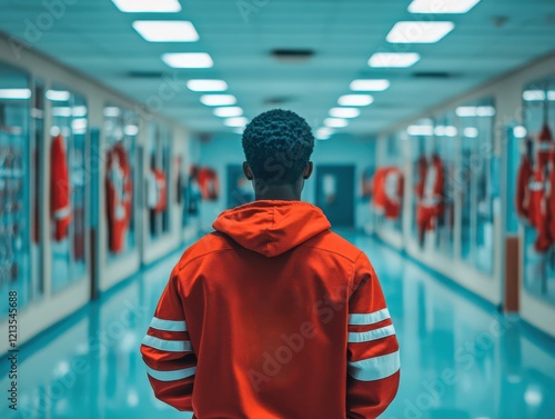 A student wearing a varsity jacket, back turned, standing in a hallway lined with trophy cases and banners photo