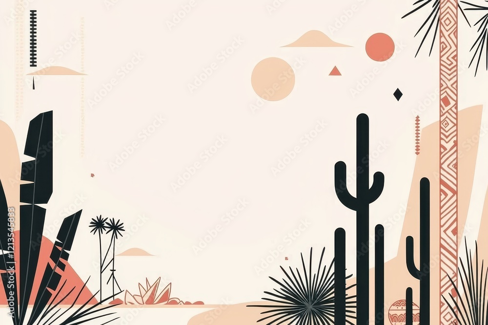 Naklejka premium Abstract Desert Landscape with Geometric Shapes and Plants