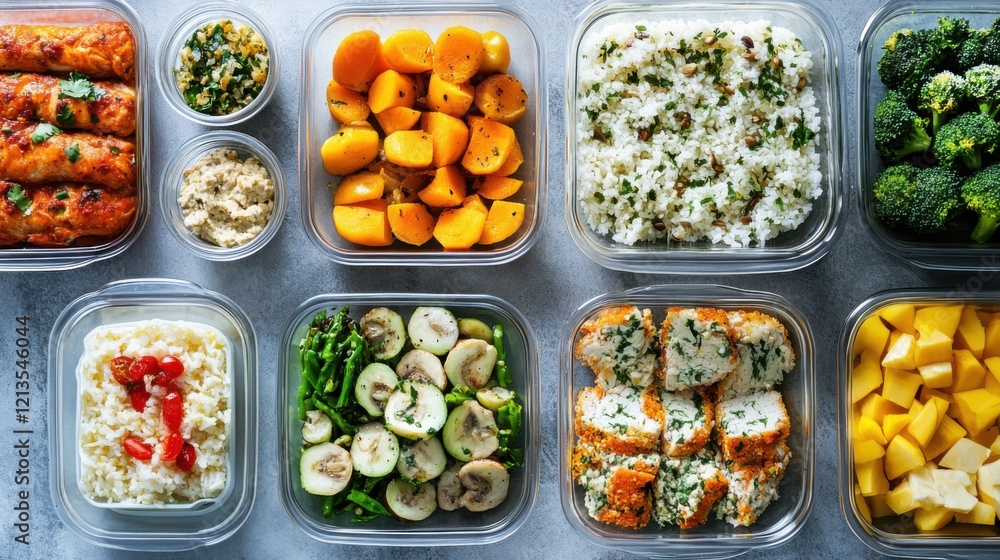 A well-organized healthy meal prep, with a variety of balanced meals in containers, promoting efficient and nutritious meal planning A well-organized healthy meal prep, with a variety of balanced meals in containers, promoting efficient and nutritious meal planning