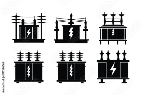 set of High voltage electrical transformer icon vector silhouette