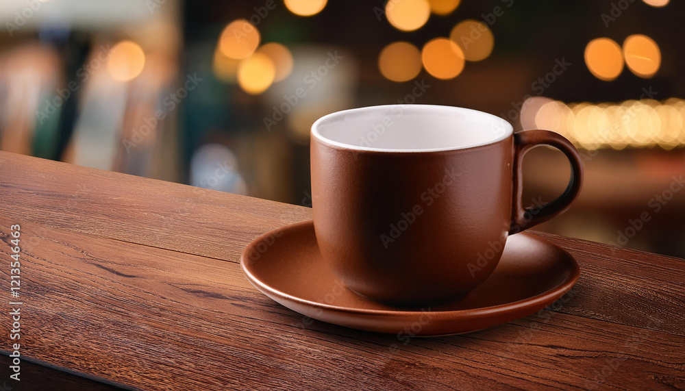 Obraz premium Coffee in brown cup on wooden table in cafe with lighting background