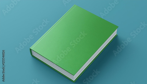 Green hard cover book, isolated on blue background