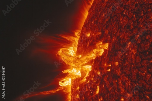 Radiating energy from a fiery sun as coronal ejecta arcs outward into the vastness of space. Generative AI photo