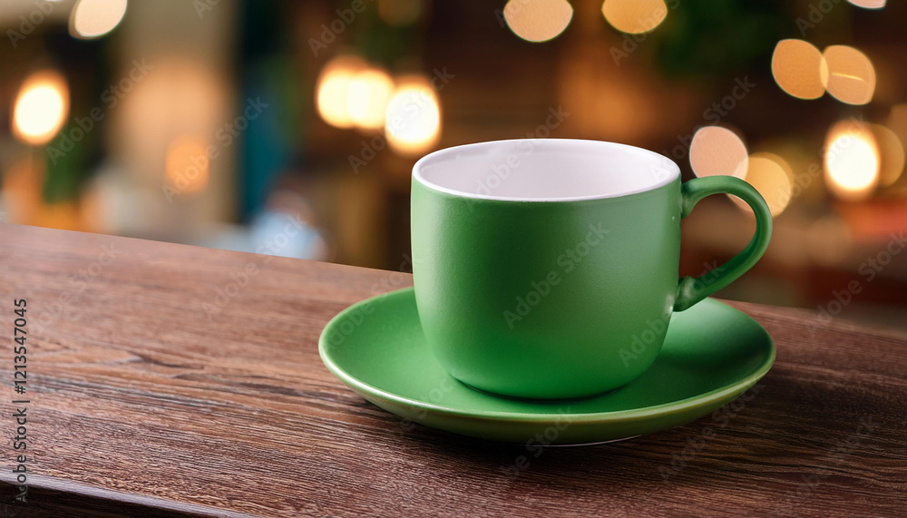 Obraz premium Coffee in green cup on wooden table in cafe with lighting background