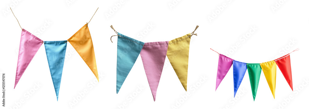 Obraz premium Colorful triangular party flags isolated on a transparent background