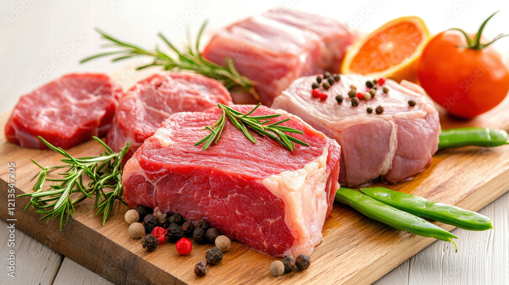 Fresh meat cuts displayed on wooden board with herbs, spices, and vegetables, creating vibrant and appetizing presentation Fresh meat cuts displayed on wooden board with herbs, spices, and vegetables, creating vibrant and appetizing presentation