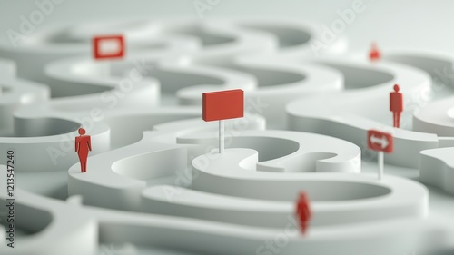 A stylized maze features red signs and figures, symbolizing navigation and decision-making in a complex environment.