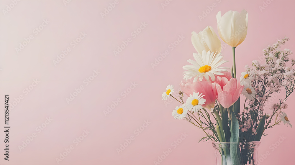 Fototapeta premium Delicate pastel tulips and daisies bouquet in a transparent glass vase with soft natural backdrop