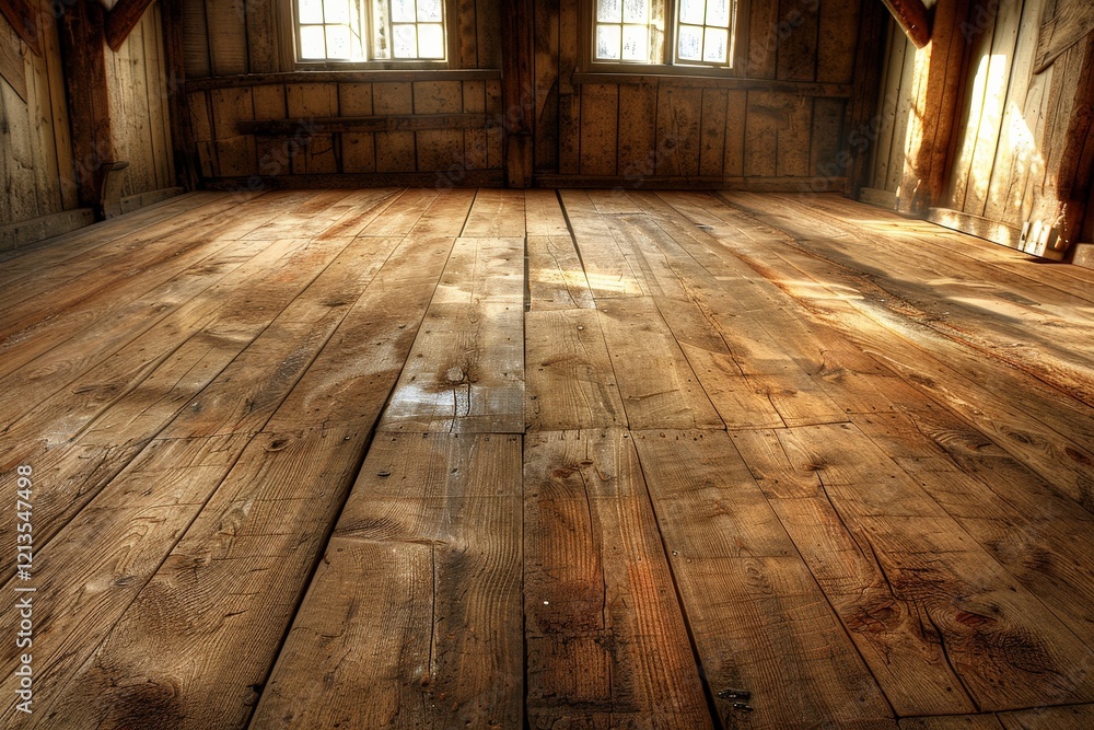 A rustic wooden floor in a well-lit attic, showcasing natural light filtering through windows, creating warm tones and textures. A rustic wooden floor in a well-lit attic, showcasing natural light filtering through windows, creating warm tones and textures.