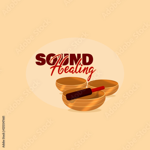 World Sound Healing Day to celebrate on February 14th. Singing bowls with rubber bats on beige background