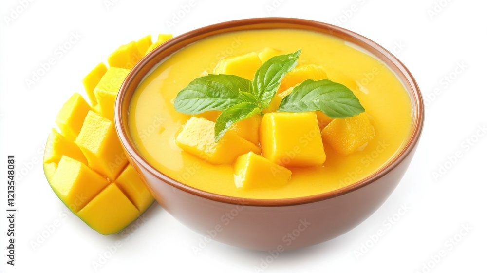 A vibrant bowl of mango coconut smoothie with ripe mango, coconut milk, yogurt A vibrant bowl of mango coconut smoothie with ripe mango, coconut milk, yogurt