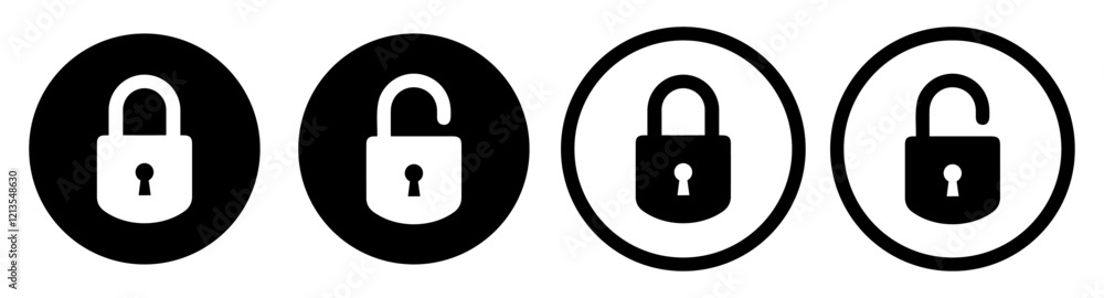 Lock and unlock icon set in circle and stroke style in black and white color . Lock icon collection. Locked and unlocked black stroke icon. Flat security symbol. Lock and unlock icon set in circle and stroke style in black and white color . Lock icon collection. Locked and unlocked black stroke icon. Flat security symbol.