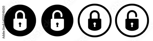 Set of padlock icons in solid and outline styles. Includes locked and unlocked versions in black and white. Ideal for cybersecurity, privacy, access control, and user interface design.
