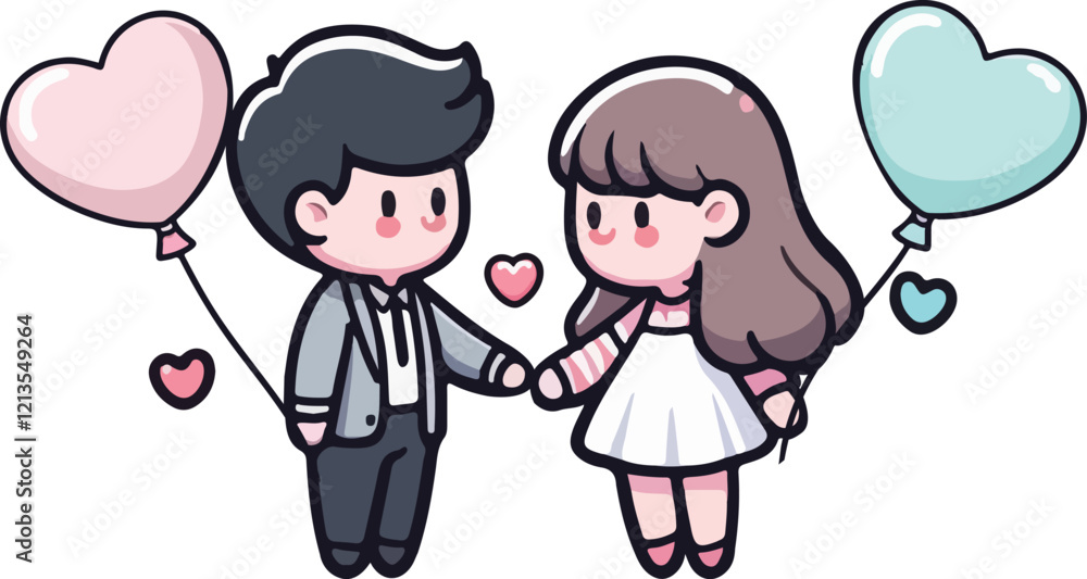 Cute heart-shaped balloons floating in the air with a happy couple holding hands. Happy Valentine's Day. Cute heart-shaped balloons floating in the air with a happy couple holding hands. Happy Valentine's Day.