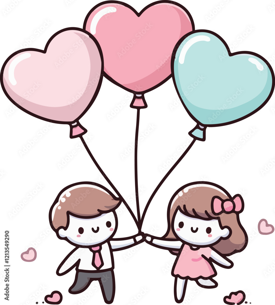 Cute heart-shaped balloons floating in the air with a happy couple holding hands. Happy Valentine's Day. Cute heart-shaped balloons floating in the air with a happy couple holding hands. Happy Valentine's Day.