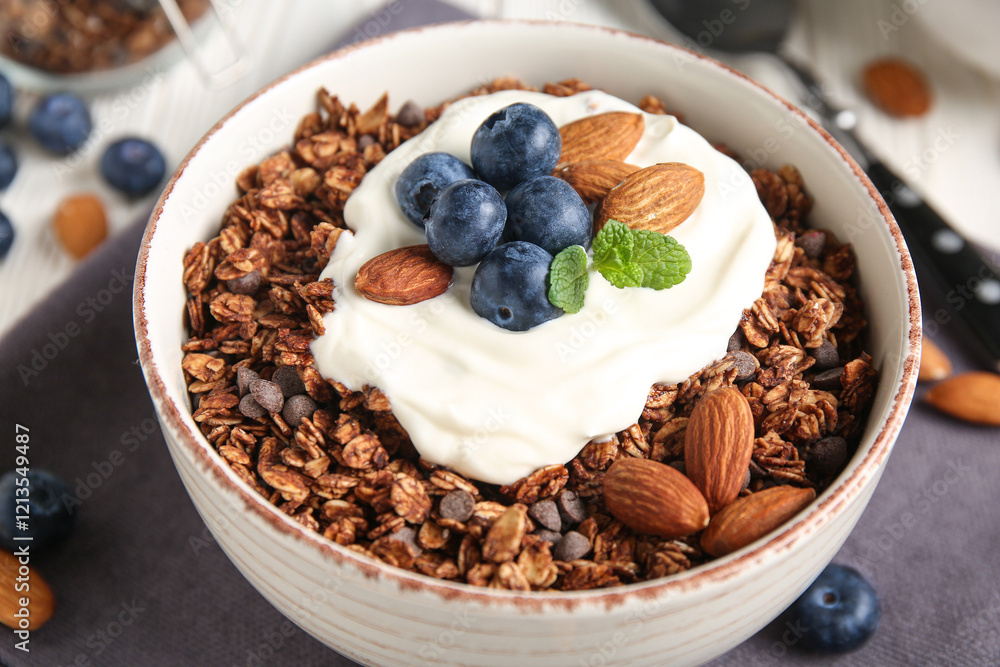 Fototapeta premium Chocolate tasty granola with nuts and berries on black background, closeup