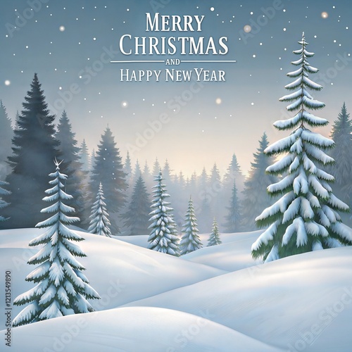 Snowfall in winter forest.Beautiful landscape with snow covered fir trees and snowdrifts.Merry Christmas and happy New Year greeting background with copy-space.Winter fairytale. photo