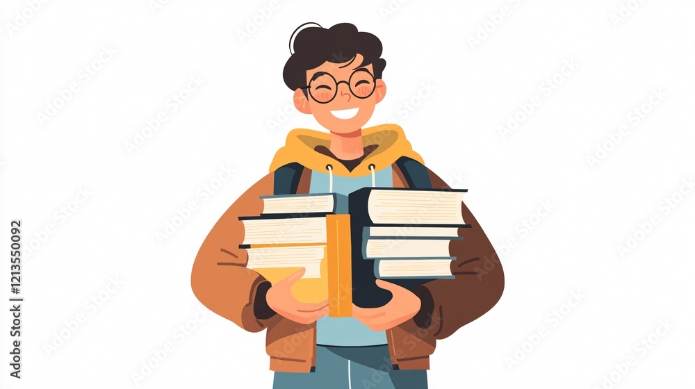 Cheerful student in wide-angle view holds books centered Cheerful student in wide-angle view holds books centered