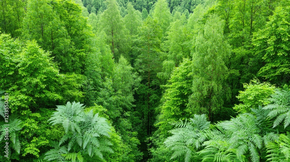 Lush green forest canopy viewed from above, showing diverse trees and ferns. Use Nature background Lush green forest canopy viewed from above, showing diverse trees and ferns. Use Nature background