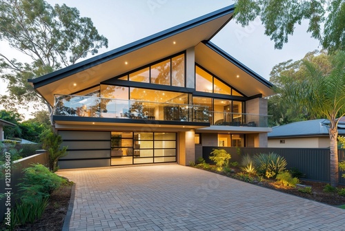 Paver driveway leads to a suburban home with a large glass balcony.