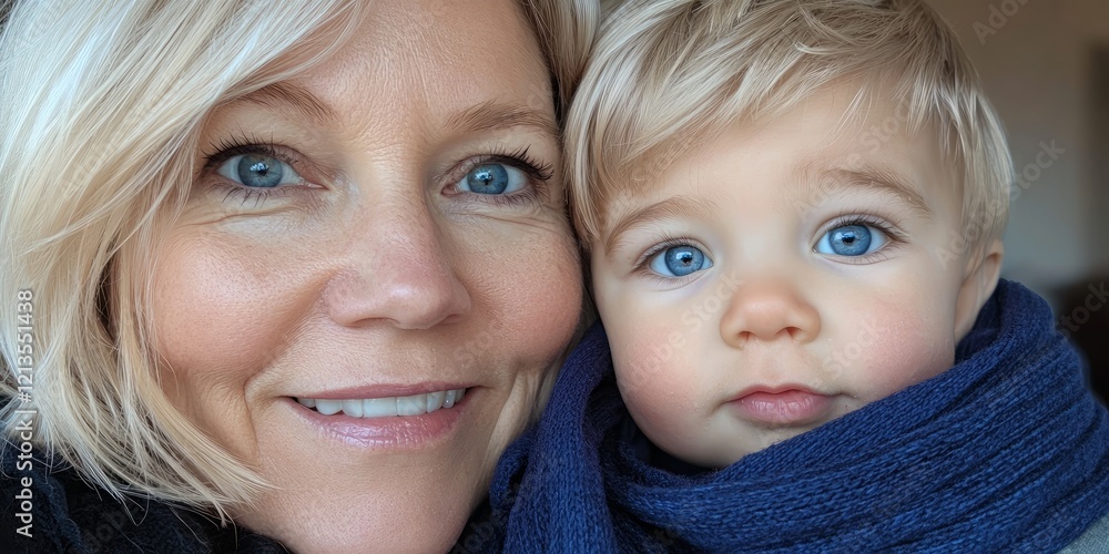A close up selfie of an older blonde woman with her young son, generative AI A close up selfie of an older blonde woman with her young son, generative AI