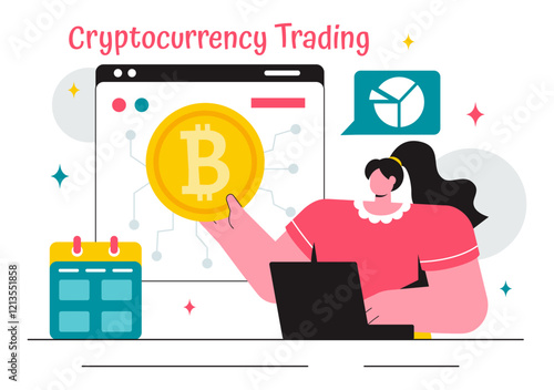Cryptocurrency Trading Vector Illustration featuring a Pile of Coins, a Digital Currency Wallet, Blockchain Technology, and Bitcoin in a Background