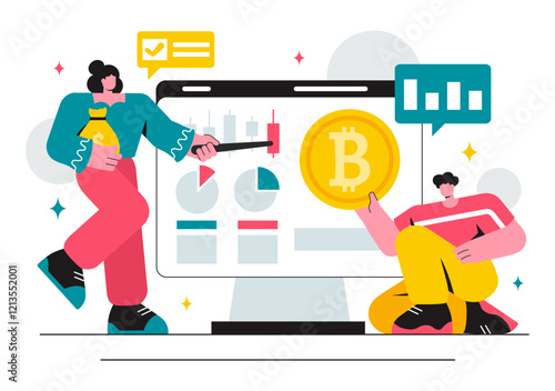 Cryptocurrency Trading Vector Illustration featuring a Pile of Coins, a Digital Currency Wallet, Blockchain Technology, and Bitcoin in a Background