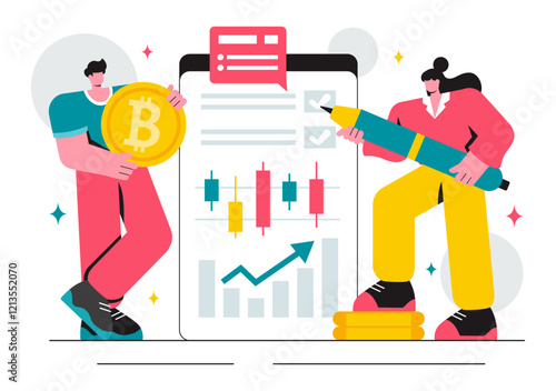Cryptocurrency Trading Vector Illustration featuring a Pile of Coins, a Digital Currency Wallet, Blockchain Technology, and Bitcoin in a Background