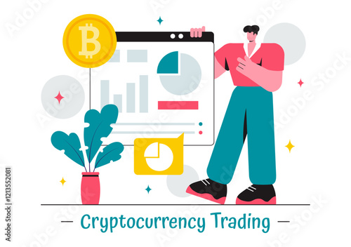 Cryptocurrency Trading Vector Illustration featuring a Pile of Coins, a Digital Currency Wallet, Blockchain Technology, and Bitcoin in a Background