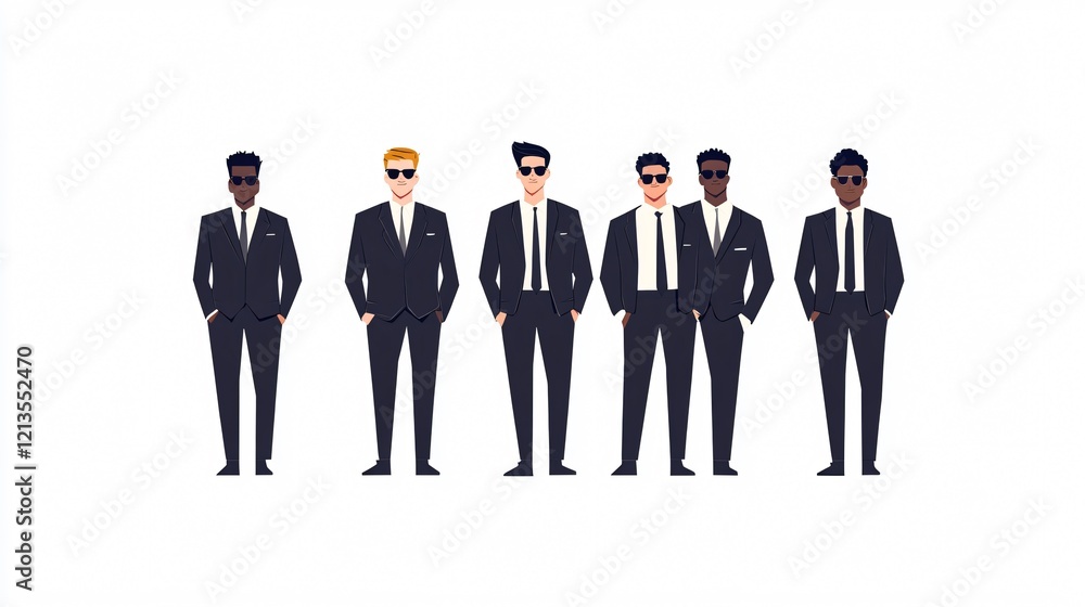 Professional flat design vector illustrations of six business men in a diverse team setting Professional flat design vector illustrations of six business men in a diverse team setting