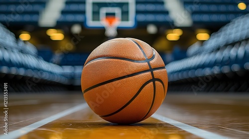 Lone basketball placed on the floor of an empty stadium court representing the concept of sports athletics or competitive games played in a large indoor arena or stadium photo