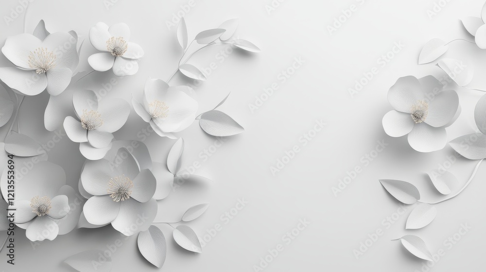 Elegant white floral arrangement with delicate white flowers and green leaves on a soft white background, perfect for minimalist and serene nature-inspired designs, elegant home decor, and wedding inv