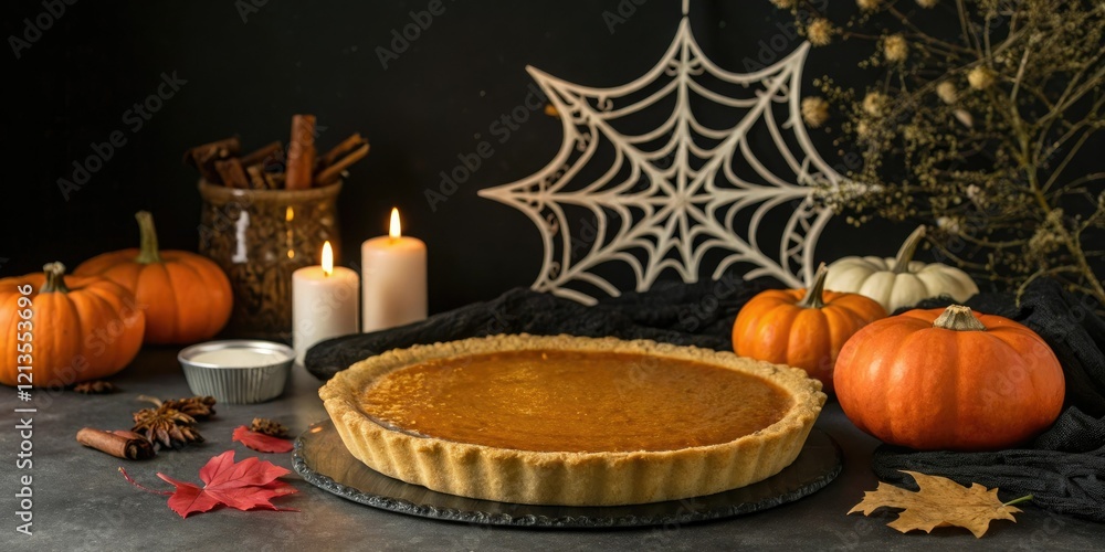 Autumnal pumpkin pie sitting on a table with ornate Halloween decorations amidst a dark background, fall, background Autumnal pumpkin pie sitting on a table with ornate Halloween decorations amidst a dark background, fall, background
