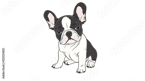 A cute black and white puppy with floppy ears is sitting on a white background